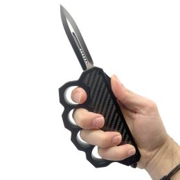 6" OTF Knuckle Knife Black with Carbon Fiber (Color: Gray)