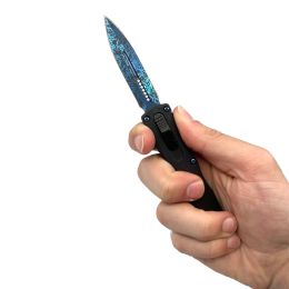 4.5â€ Automatic OTF Knife w/ Blue Damascus Etching (Color: Silver Damascus)